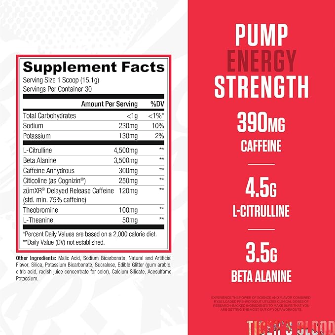 Ryse Loaded Pre Workout Powder - Tiger's Blood - Daily Pre-Workout for Men & Women with 390mg Caffeine, Beta Alanine, and Citrulline for Pump, Focus, and Energy - 30 Servings