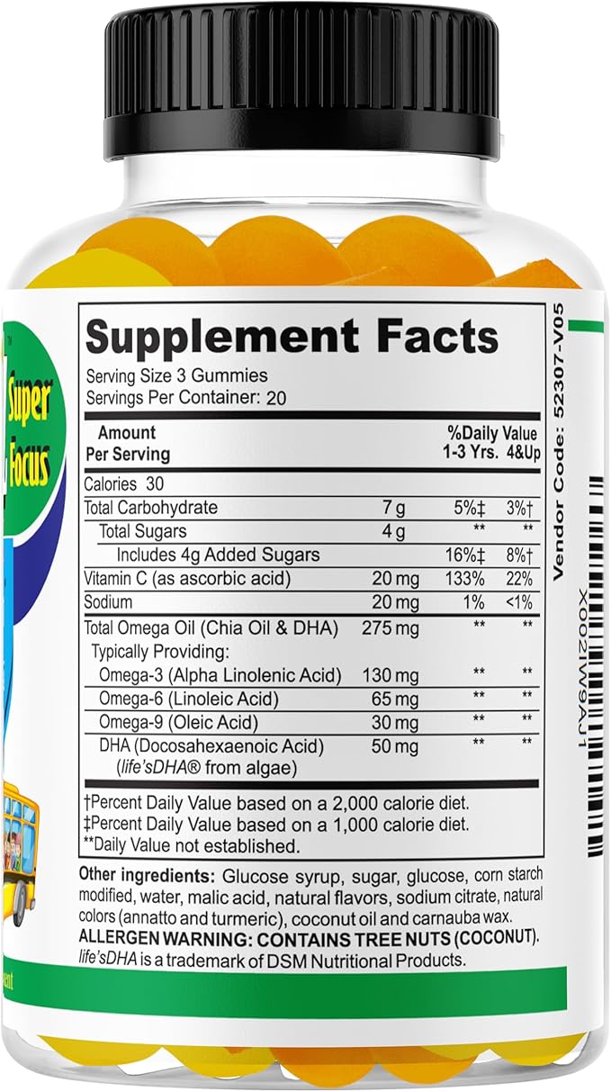 Celebrity Lifestyle Product Brain Support Focus Supplement for Kid and Teens Omega 3 Gummy Vitamin Memory and Attention, Brain Booster, Kid Focus Attention Supplement(1 Bottle) DHA 60ct