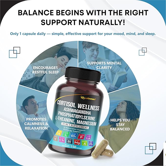 CORTISOL Wellness Magnesium Ashwagandha L-Theanine Phosphatidylserine Rhodiola Rosea Passionflower Lavender Chamomile -150 Capsules- Made in USA