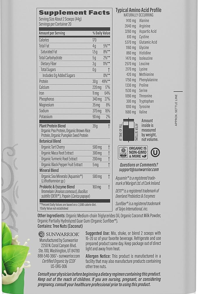 Vegan Protein Powder Plant-Based USDA Organic BCAAs | 30g per Serving | Sugar, Gluten, Dairy Free Non-GMO | Unflavored, 20 Servings | Active Sport