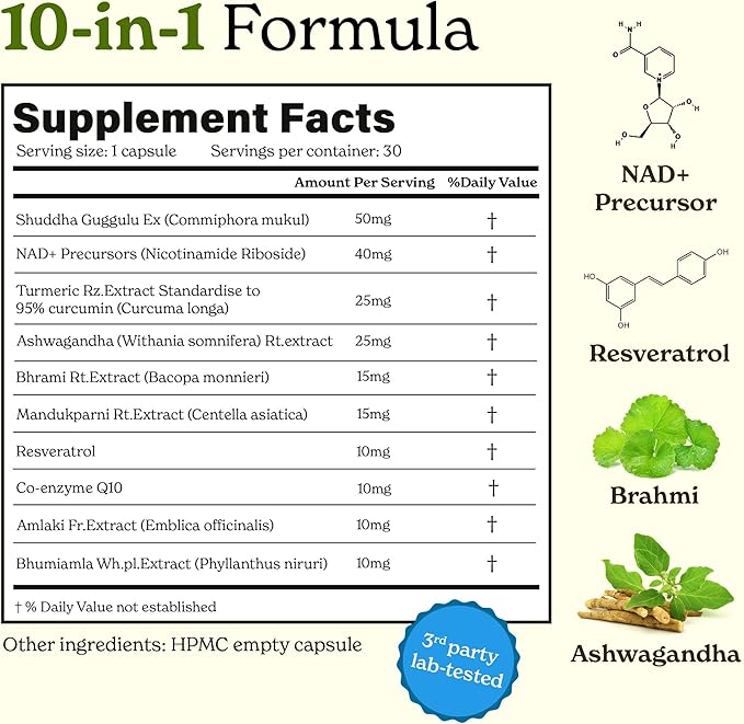 NAD+ Capsules | with Ashwagandha, Resveratrol, CoQ10, NAD+ Precursors | Vitamin B3 |Supports Longevity & Cellular Energy | 1-Month Pack