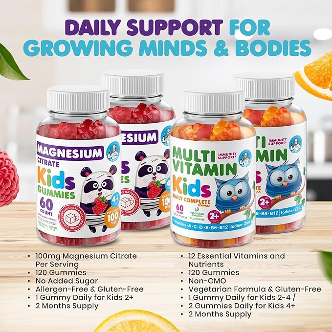 DR. MORITZ Kids Magnesium Gummies (60 Count, 2 Pack) and Kids Multivitamin Gummies (60 Count, 2 Pack) Bundle - for Relaxation and Health Support - Toddler Vitamins - Magnesium Calm Supplement