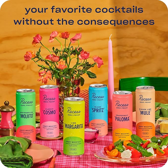 Recess Zero Proof Craft Mocktails, Alcohol Free Drinks, With Adaptogens, Non-Alcoholic Beverage Replacement, Mixer, Celebration, Party, (Classic Cosmo, 12oz, Pack of 12)