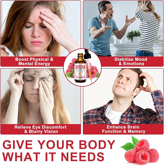 Vitamin B Complex Liquid, Vegan Vitamin B12 Liquid Drops | B12 Methylcobalamin | B1 Thiamine | B6 Pyridoxine | Folic | Niacin - B Complex Liquid Drops, Support Energy, Brain & Heart, 40 Servings