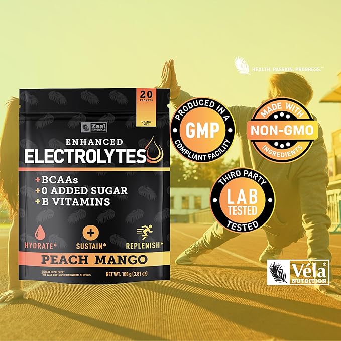 Enhanced Electrolyte Powder (Peach Mango 20pk.) w 0 Sugar +BCAAs +B-Vitamins Electrolyte Supplement w Potassium Zinc & Magnesium for Hydration - Keto Electrolytes