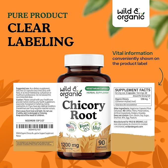 Wild & Organic Chicory Root Capsules - 1200 mg of Chicory Root Powder per Serving - Digestive & Gut Support - Inulin Fiber Prebiotic Supplement - Non-GMO, Vegan Inulin Capsules - 90 Count