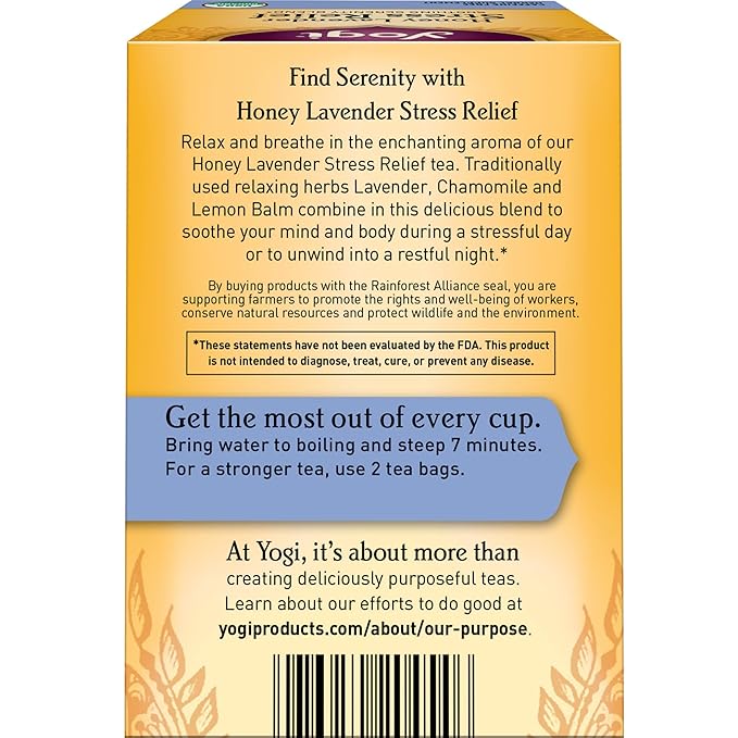 Yogi Tea Honey Lavender Stress Relief Tea - 16 Tea Bags per Pack (6 Packs) - Organic Chamomile Lavender Tea - Includes Lemon Balm, Lemongrass, Spearmint Leaf, Peppermint Leaf, Honey Flavor & More