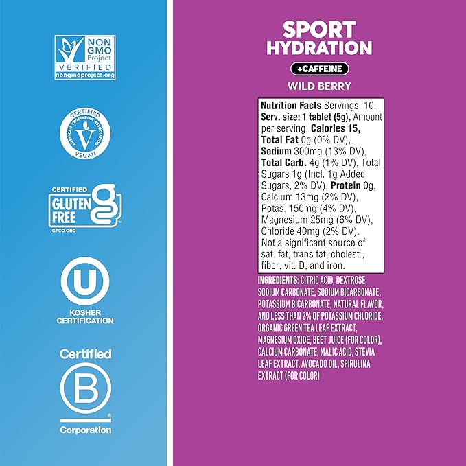 Nuun Sport Electrolyte Tablets with Caffeine from Green Tea Extract, Magnesium, Calcium, Potassium, Chloride & Sodium, Gluten Free & Vegan, Wild Berry, 8 Pack (80 Servings Total)