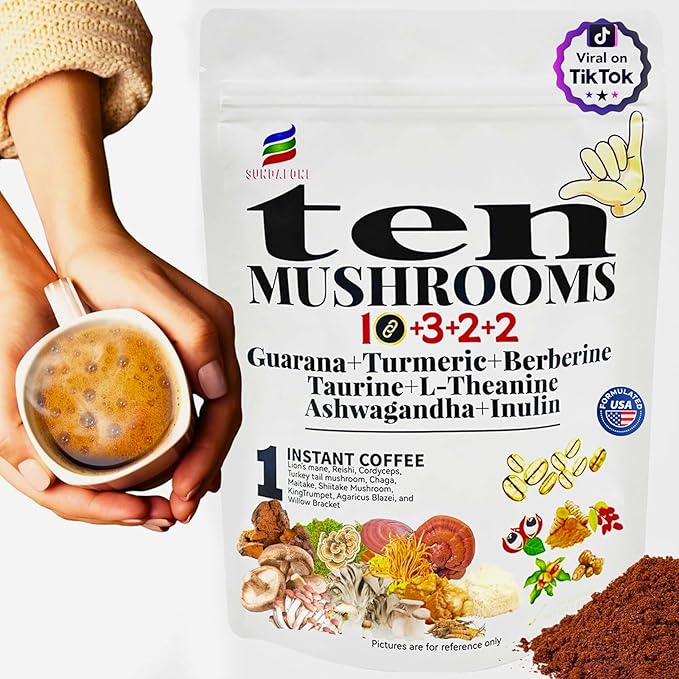 17-in-1 Mushroom Coffee with Guarana, Turmeric, Berberine, Taurine, L-Theanine, Ashwagandha & Inulin for Focus, Energy, Immunity, Stress Relief & Digestive Health-10 Mushroom Instant Coffee (60 Srvs)
