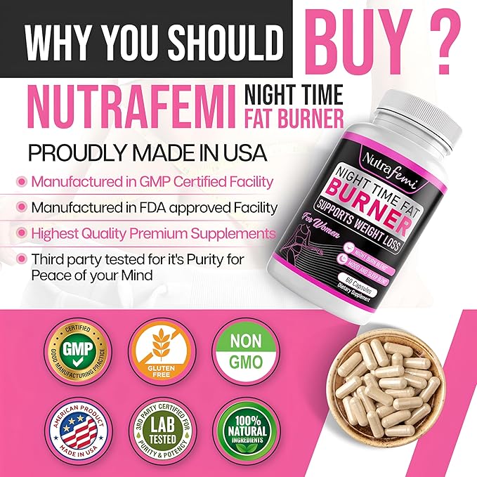 Fat Burner for Women | Weight Loss - Night Time Fat Burner with Carb Blocker & Appetite Suppressant | Less Craving | Belly Fat Burner & Thermogenic Metabolism Booster Made in USA | Third Party Tested