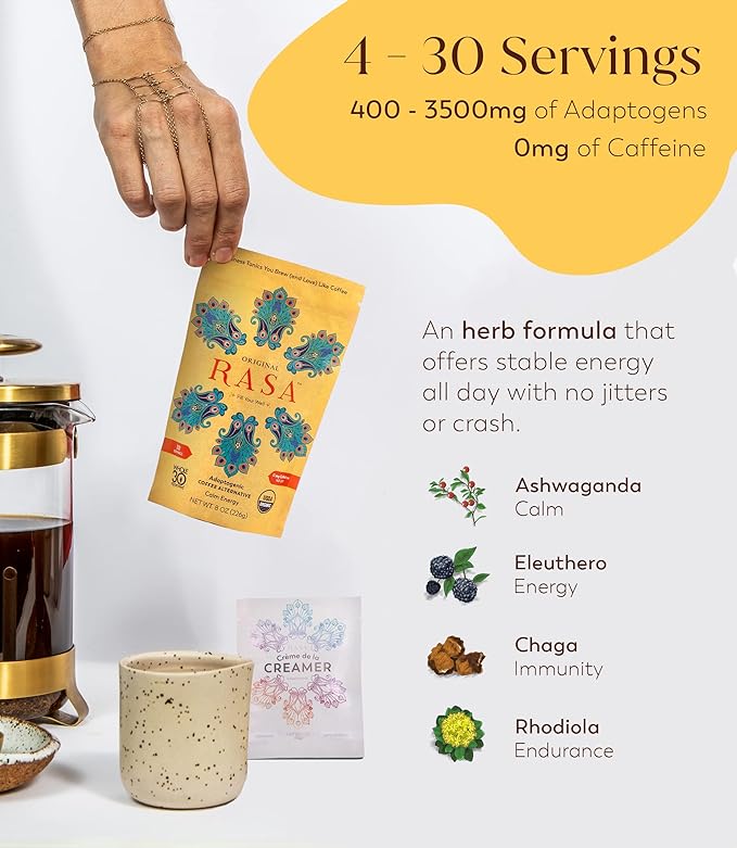 RASA Original Adaptogenic Coffee Alternative & Crème de la Creamer Bundle | Ayurveda Mushroom Wellness Tonic & Adaptogen Powdered Non-Dairy Creamer with MCT Oil — Vegan, Whole 30, Keto (30 Servings)