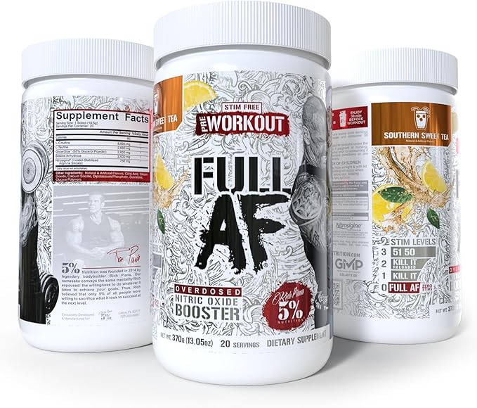 5% Nutrition FullAF Pre-Workout | Stim-Free with Massive Pumps | L-Citrulline, L-Taurine, Nitrosigine, GlycerSize | 13.05 oz (Southern Sweet Tea)
