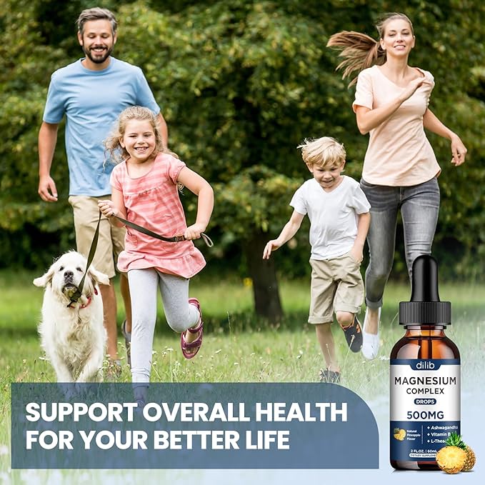 Magnesium Glycinate Liquid Drops 500mg - Triple Magnesium Complex Supplement with Citrate, Malate, Ashwagandha, L-Theanine, Vitamin B6 for Sleep, Stress Relief, Muscle, Pineapple Flavor 4 Fl Oz