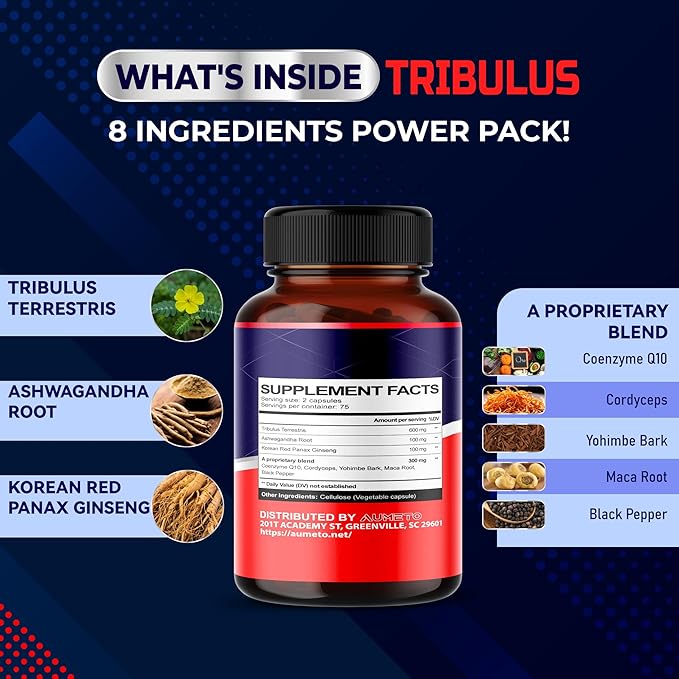 Tribulus Terrestris 98% Saponins - Enhanced 12-in-1 Formula with Yohimbine, Red Panax Ginseng, Ashwagandha for Boosting Energy, Stamina & Endurance* - Made in The USA