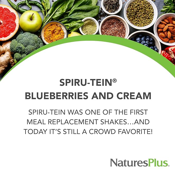 NaturesPlus SPIRU-TEIN, Blueberries & Cream - 1.12 lb - Plant-Based Protein Powder - Vitamins & Minerals for Energy - Vegetarian, Gluten Free - 15 Servings