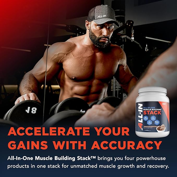 All-in-One Muscle Building Stack - Chocolate Whey Protein Isolate, Creatine Monohydrate, HMB, and L-Glutamine, 4 Products in one, Nothing Artificial, 30 Servings