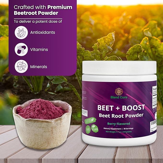 Beet + Boost Organic Beet Root Powder - Berry Flavored Super Beet - Boost Daily Nutrition, Athletic Performance, Vegan, Lactose-Free, and Non-GMO Beet Root Powder Supplement