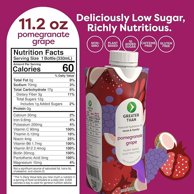 Greater Than Lactation Supplement Support, Coconut Water, Vitamins & Electrolyte Drink for Breastfeeding & Immune Support, Lactation Cookies Alt, Gluten Free, Low Sugar, 24 Pack, Pomegranate Grape