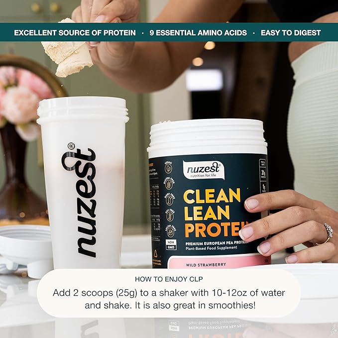 Nuzest - Vegan Pea Protein Powder - Clean Lean Protein, Premium Plant Based Protein Powder, Dairy Free, Gluten Free, GMO Free, Protein Shake, Wild Strawberry, 10 Servings, 8.8 oz