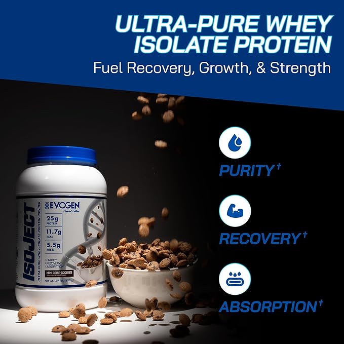 Evogen Isoject - Whey Protein Isolate | Ultra-Pure Whey Protein Powder with Ignitor Enzymes, BCAAs, and EAAs | Enhanced Absorption & Recovery | Mini Crisp Cookies | 25 Servings