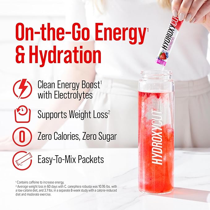 Hydroxycut Drink Mix, Wildberry Blast - 21 Travel-Size Packets - Zero Calories, Zero Sugar - Boost Metabolism, Burn Calories, Increase Energy - for Women & Men
