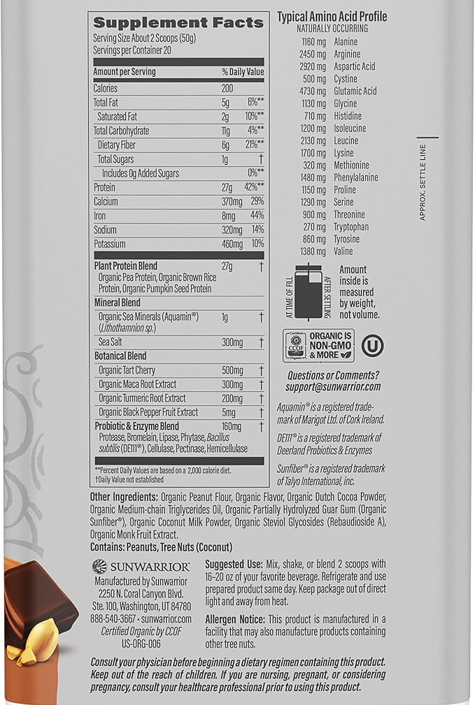 Vegan Protein Powder Plant-Based USDA Organic BCAAs | 27g Protein per Serving | Sugar Free, Gluten Free Non-GMO Dairy Free | Peanut Butter Chocolate Flavored, 20 Servings | Active Sport Protein Powder