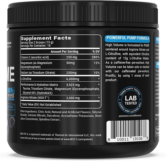 PEScience High Volume Nitric Oxide Booster Pump Pre Workout Powder, Acai Berry Punch, 36 Scoops, Caffeine Free