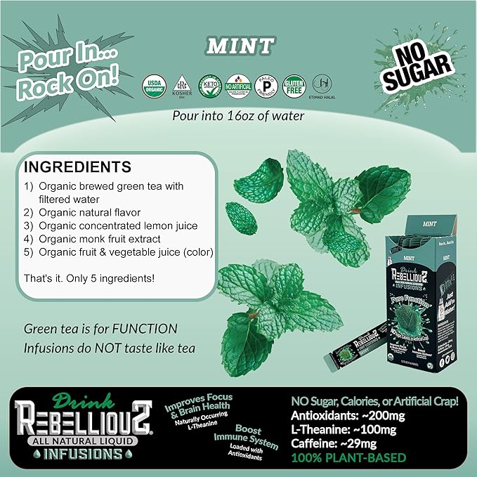 Mint Organic 0 Calorie Drink Mix – Sugar Free, Loaded with Antioxidants, L-Theanine, and Natural Caffeine – 10 Count