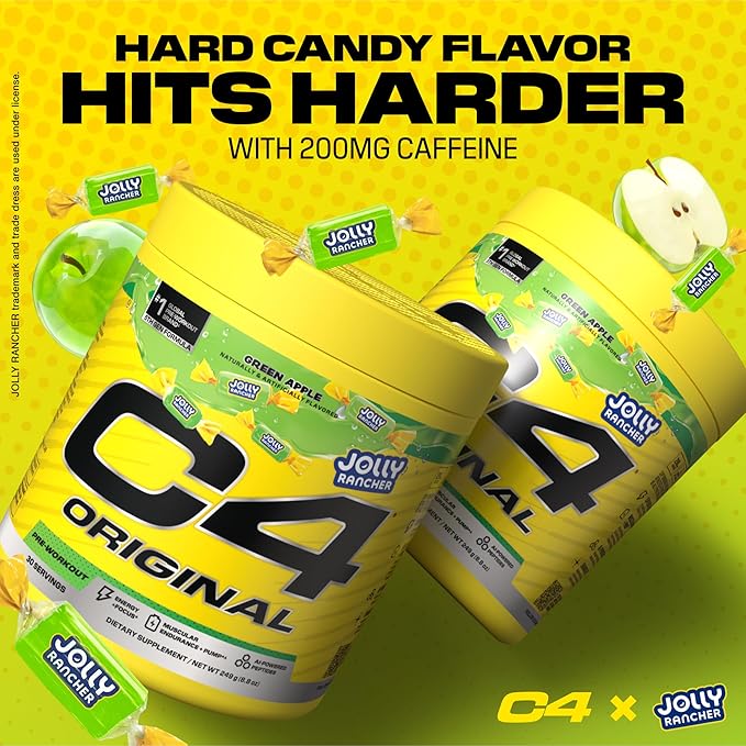 Cellucor C4 Original Pre Workout – Jolly Rancher Green Apple - Pre-Workout for Endurance, Focus & Performance with 200mg Caffeine, Beta-Alanine, Creatine Nitrate, L-Arginine & PeptiPump – 50 Servings