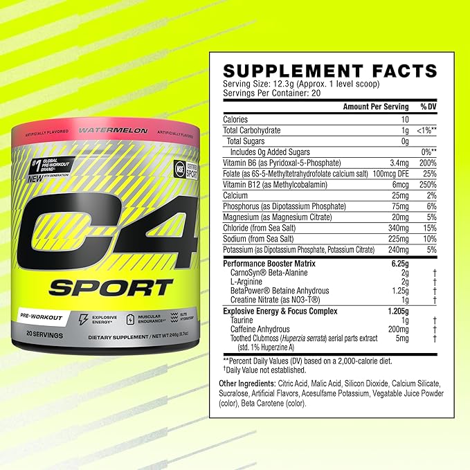 Cellucor C4 Sport Pre Workout Powder - NSF Certified for Sport - Elite Hydration - 200mg Caffeine + Creatine + Beta-Alanine - Electrolytes and Energy Supplement - Watermelon, 20 Servings