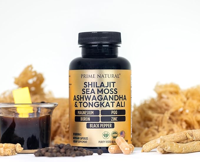 Shilajit 10,000mg, Irish Sea Moss 2000mg, Ashwagandha 3000mg, Tongkat Ali 30,000mg, Boron, Magnesium, PQQ & More | 60 Capsules - 30 Days Supply| Fulvic Acid Veg Capsules| Vegan| Gluten Free | Non-GMO