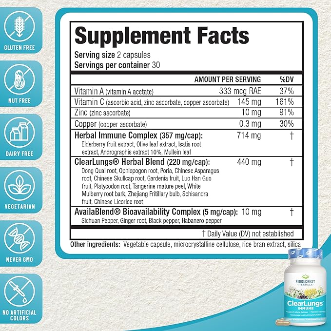 Ridgecrest Herbals ClearLungs Immune, Lung Support Supplement with Mullein, Elderberry, Zinc, Vitamin C, Vitamin A, Olive Leaf (60 Caps, 30 Serv)
