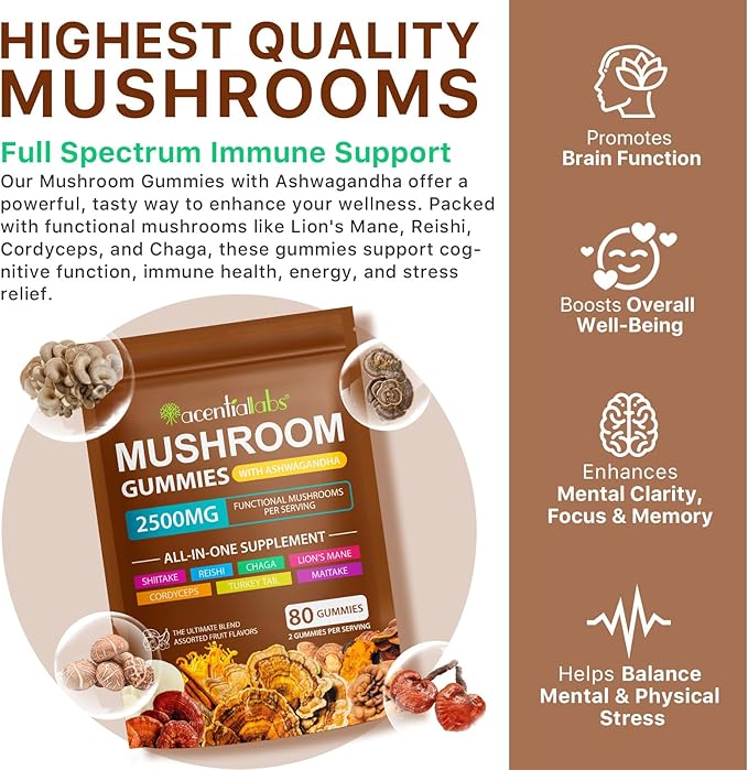 Ashwagandha Gummies with Super Mushroom Blend – Mushroom Gummies with Lion’s Mane, Reishi, Turkey Tail, Cordyceps, KSM 66, Shiitake – Immune Support, Focus, Vegan, Low Carb, Berry Flavor, 80 Ct