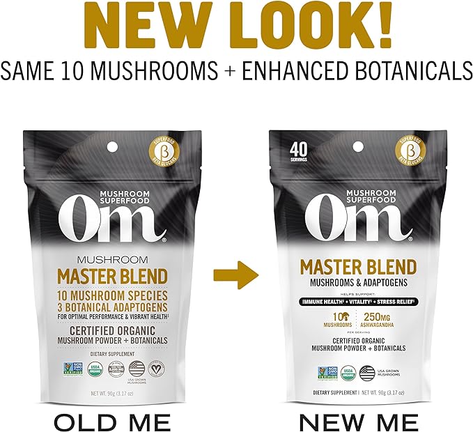 Om Mushroom Master Blend, Organic 10 Mushroom Complex & Adaptogens Powder, Reishi & Lions Mane - 3.17 oz