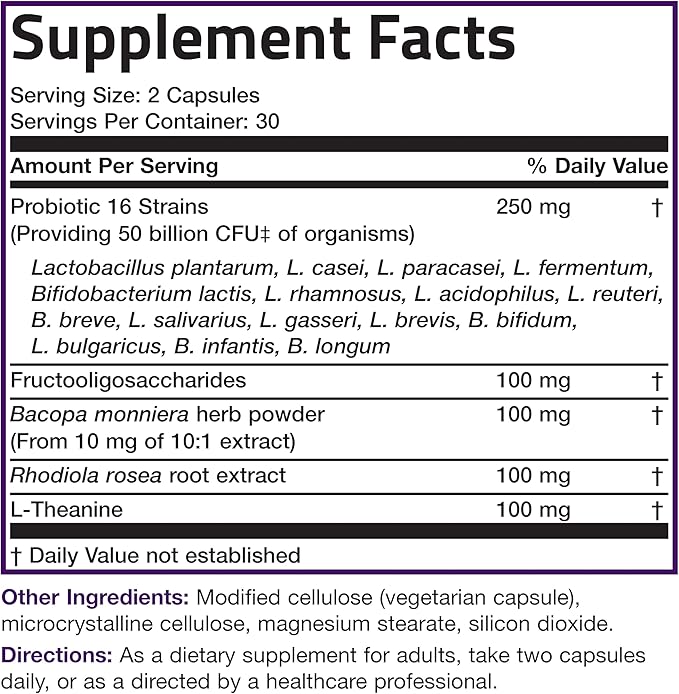 Bronson Brain + Mood Probiotic 50 Billion CFU Plus Prebiotic with L-Theanine, Bacopa and Rhodiola Non-GMO, 60 Vegetarian Capsules