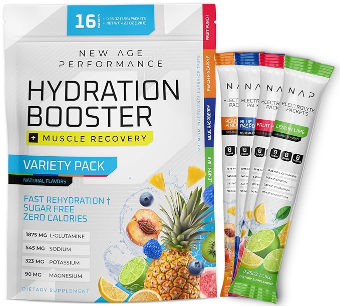 New Age Performance Hydration Packets, Electrolytes Powder, Liquid Enhancer for Dehydration Relief, L-Glutamine Amino Acids for Muscle Workout Recovery, Sugar Free & 0 Calorie, 16 Packets (Variety)