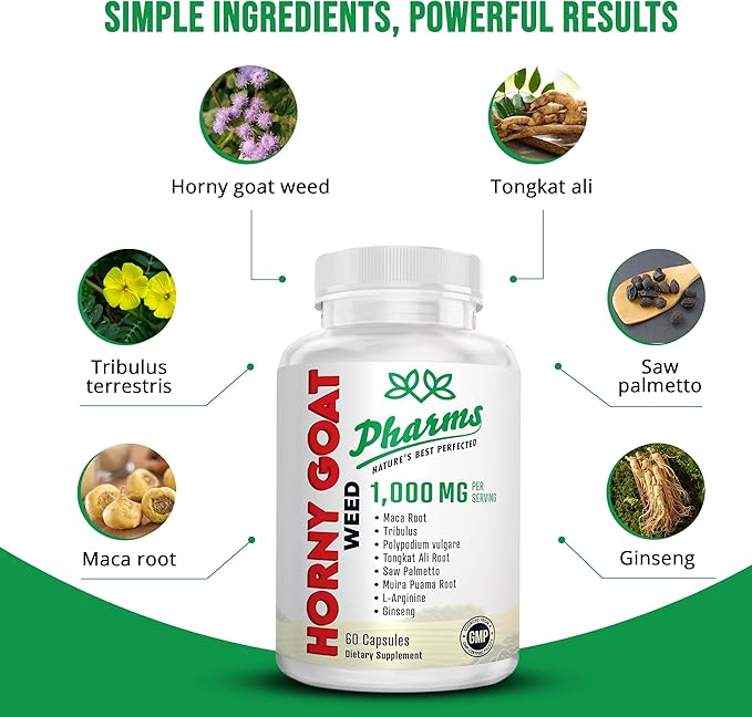 PHARMS Hornygoatweed for Men & Women (1,000 mg) - Energy & Stamina Capsules with Maca Root, Tribulus, Tongkat Ali, Saw Palmetto & Ginseng - Female & Male Performance Enhancing Supplement - 60 Capsules