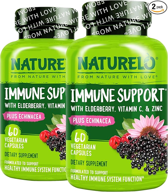 NATURELO Immune Support – Vitamin C, Elderberry, Zinc, Echinacea – Natural Immunity Boost w/Antioxidant, Herbal & Mineral Defense - 60 Vegan Capsules (Pack of 2)