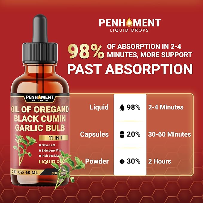 11in1 Organic Oregano Oil Drops with Black Seed Liquid, Garlic, Vitamin D3 & K2, Olive Leaf, Elderberry, Sea Moss, Ashwagandha & Ginger - Immune Support - 2 Fl Oz - 60 Days