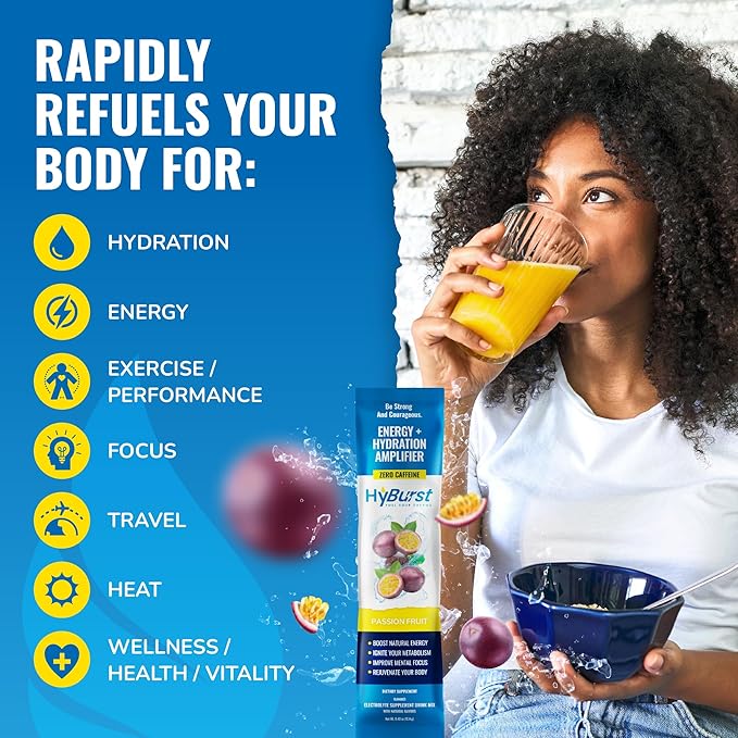 Electrolytes Powder Packets, Hydration Amplifier + Energy, Vitamins D3 K2 & B6 B12, L-Theanine, Cane Sugar, Caffeine Free Energy Drink Powder | Passion Fruit, 15 Pack