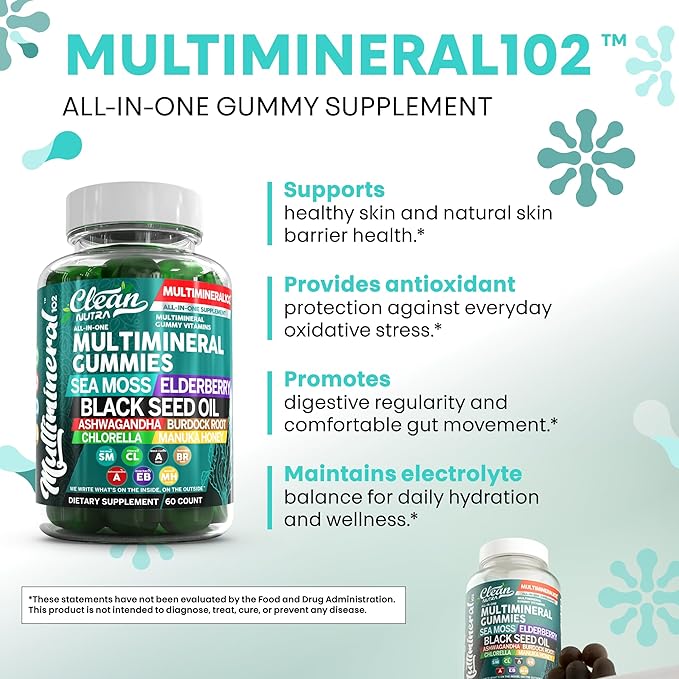 Clean Sea Moss Gummies | Black Seed Oil Ashwagandha, Elderberry, Burdock Root, Chlorella, Manuka Honey - Vegan Irish Sea Moss Gummy Vitamins For Adults Kids Men Women - Multimineral Green Apple Flavor
