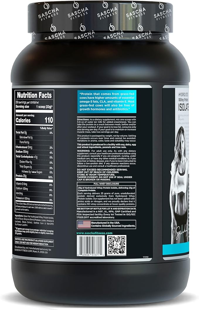 SASCHA FITNESS Hydrolyzed Whey Protein Isolate,100% Grass-Fed (2 Pounds, Coconut)