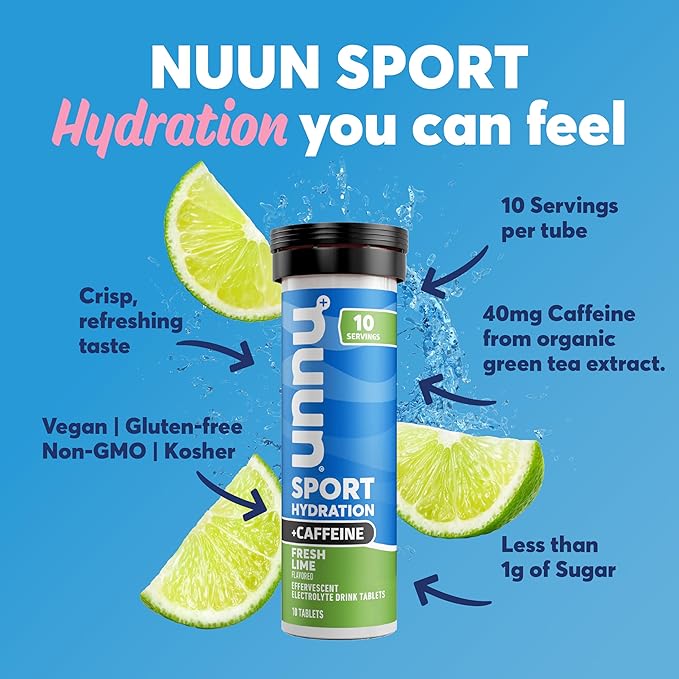 Nuun Sport Electrolyte Tablets with Caffeine from Green Tea Extract, Magnesium, Calcium, Potassium, Chloride & Sodium, Gluten Free & Vegan, Fresh Lime, 8 Pack (80 Servings Total)