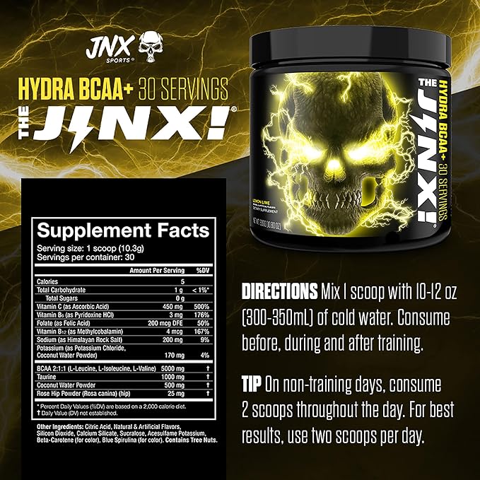 JNX SPORTS The Jinx! Hydra BCAA+ Post Workout Recovery Drink - Hydration with Electrolytes for Men & Women - 30 Serving, Lemon Lime