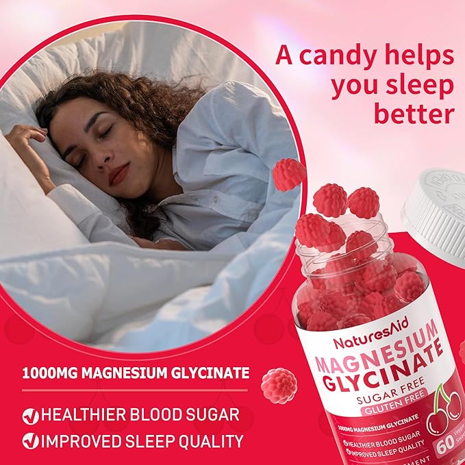 Magnesium Glycinate Gummies - Sugar Free Magnesium Potassium Supplement with Vitamin D, B6, CoQ10 for Calm Mood & Sleep Support - 60 Cherry Gummies -1 Pack
