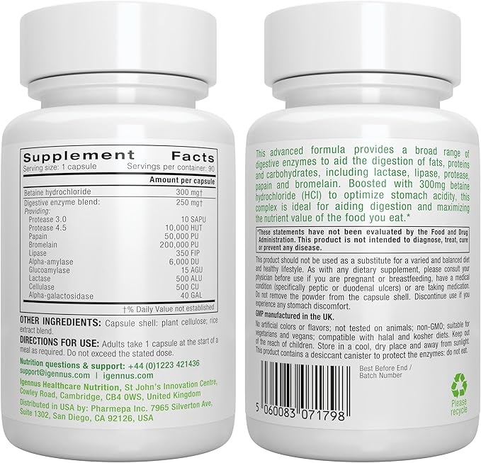 Igennus Fast Action Digestive Enzymes & Betaine HCl, 10 Broad Spectrum Enzymes with Protease, Lipase & Lactase, Papain & Bromelain, Plant-Based Vegan, Clean Label, for Women and Men, 90 Capsules