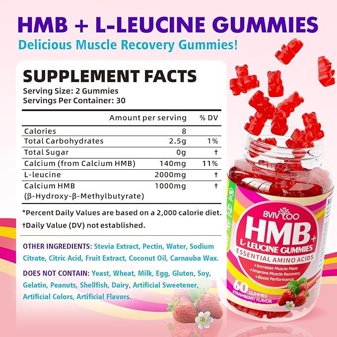 HMB and L-Leucine Gummies - 3000mg Combined HMB & L-Leucine per Serving. for Muscle Growth, Muscle Relief & Fast Recovery. Sugar-Free, Strawberry, 60 Gummies