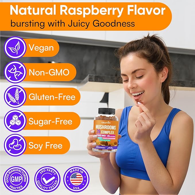 Mushroom Gummies for Adults 4000mg, Brain Supplements for Memory and Focus, 26 in 1 Mushroom Supplement Complex with Ashwagandha & Lion's Mane, Turkey Tail, Reishi, Cordyceps, Organic, 120 Count