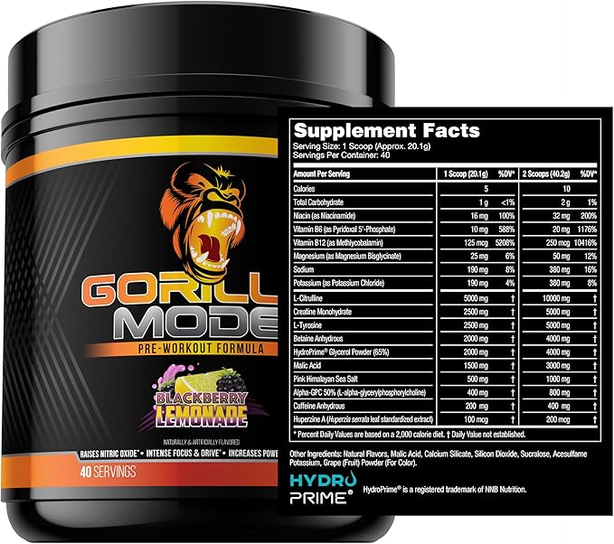 Gorilla Mind Pre Workout - Massive Pumps Laser Focus Energy Power - L-Citrulline, Creatine, L-Tyrosine, Betaine, Hydroprime, Alpha-GPC, 400mg Caffeine, Huperzine A 800g (BlackBerry Lemonade)