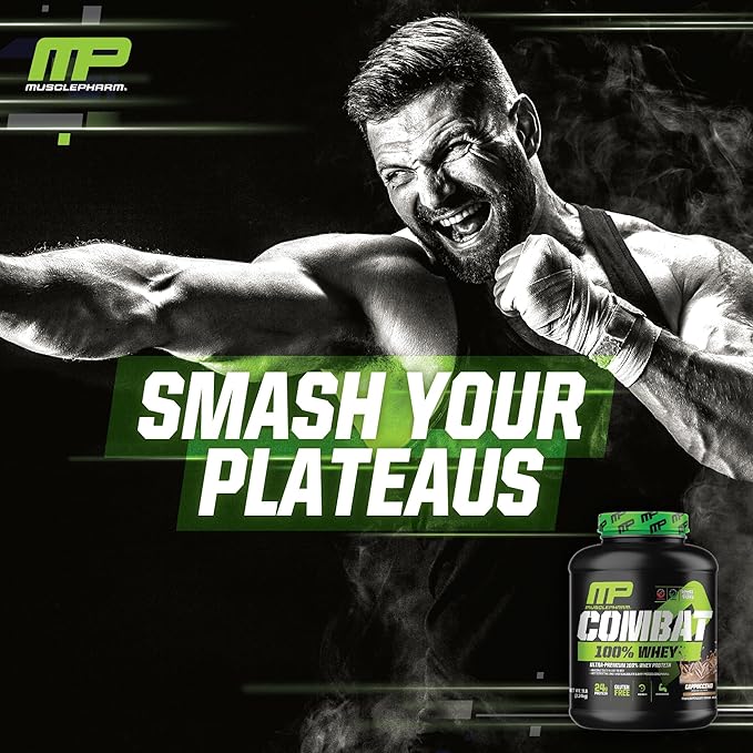 MusclePharm Combat 100% Whey Protein Powder, Cappuccino Flavor, Fast Recovery & Muscle Gain with Whey Protein Isolate, High Protein Powder for Women & Men, Gluten Free, 5 lb, 70 Servings
